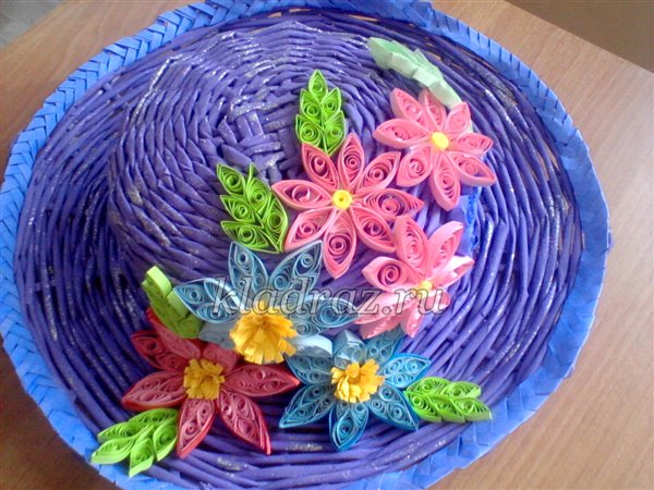 Шляпка из газетных трубочек, украшенная цветами в технике квиллинг