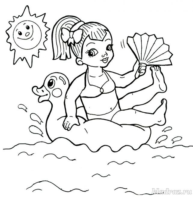 Раскраска. Девочка плавает на надувном утёнке