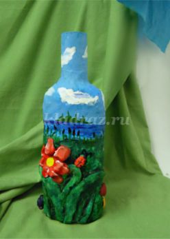 Декор бутылки пластилином с последующей росписью изделия. Мастер-класс с пошаговым фото